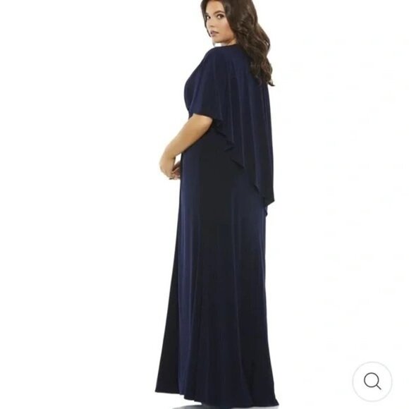 Mac Duggal Jersey Cape A Line Maxi Evening Gown Dress Navy Blue Sz 14W NWT 67929 - Picture 3 of 6